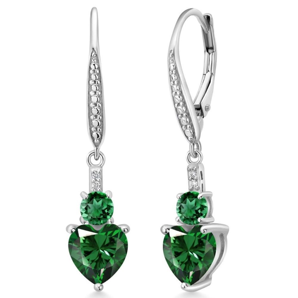 925 Sterling Silver with 2.63 Cttw Emerald and White Diamond Heart Earrings